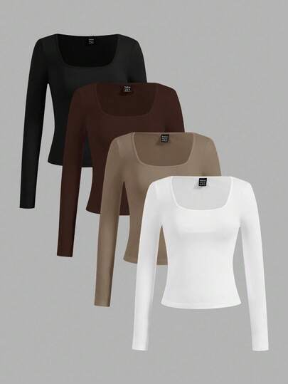SHEIN Essnce 4 قطع/مجموعة تيشيرتات نسائية كاجوال بياقة مربعة بسيطة، ألوان سادة، مناسبة للخريف/الشتاء، التنسيق، الخارج، البلوزة الداخلية