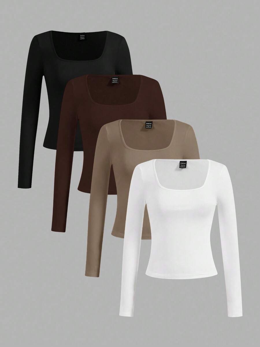 SHEIN Essnce 4件套女士休闲简约方领T恤，纯色，适合秋冬季，分层，户外，汗衫 - 彩色 - 查看 1
