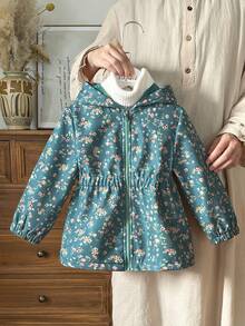 SHEIN Vintaside Kids 女童可爱印花保暖内衬拉链夹克，秋冬 - 綠色 - 查看 4