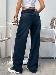 EURMUSE BLACK LOW WAIST BAGGY LOOSE STRAIGHT LEG JEAN - Dark Wash - View 7