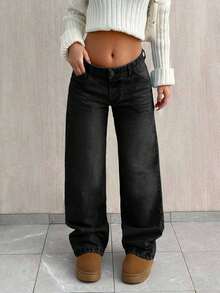 EURMUSE Quần jean ống đứng lưng thấp đơn giản, rộng rãi - màu đen - Xem 4