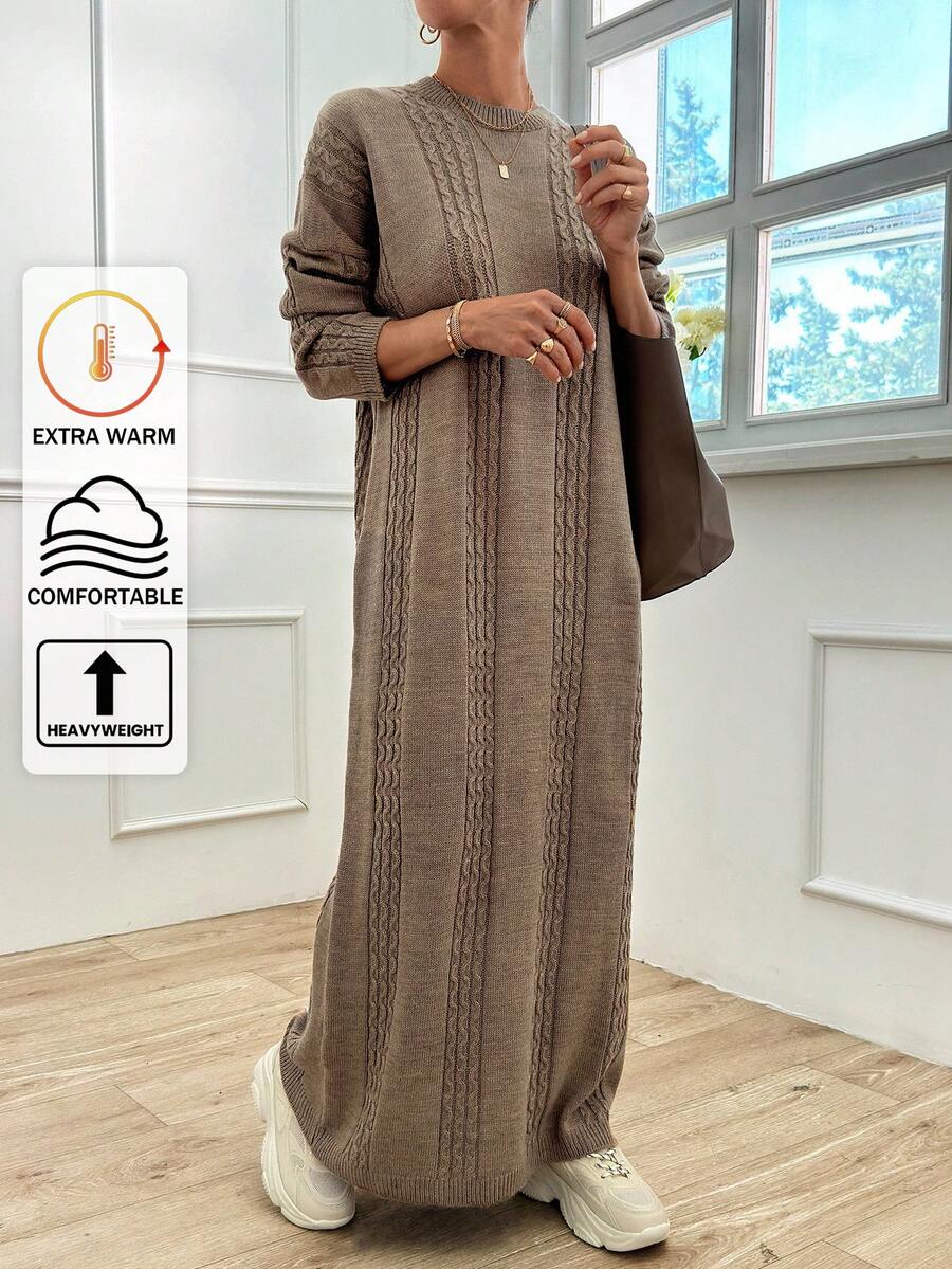 EURMUSE Cable Pattern Sweater Dress - Mocha Brown - View 1