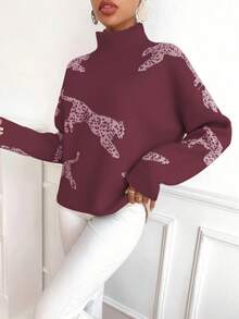 EMERY ROSE Maglione casual da donna con colletto alla coreana e stampa leopardata, adatto per l'autunno/inverno - Bordò - Visualizzare 6