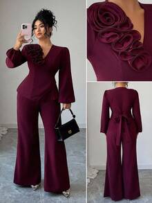 Elenzga Elegancki damski bordowy top z wiązaniem w talii i kwiatowym patchworkiem w stylu francuskim, w kształcie litery A, z długim rękawem i rozszerzanymi rękawami, 2-częściowy komplet, jesień/wiosna