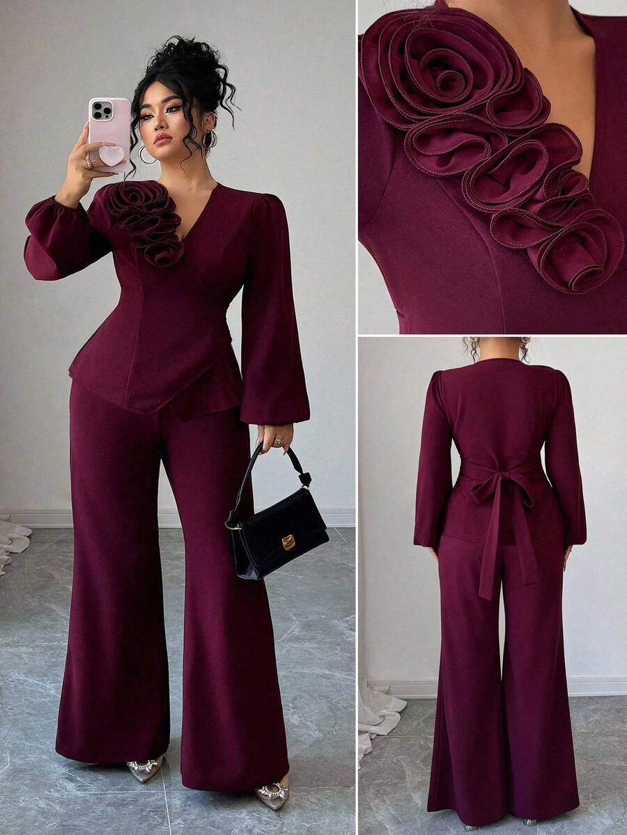 Elenzga Elegancki damski bordowy top z wiązaniem w talii i kwiatowym patchworkiem w stylu francuskim, w kształcie litery A, z długim rękawem i rozszerzanymi rękawami, 2-częściowy komplet, jesień/wiosna