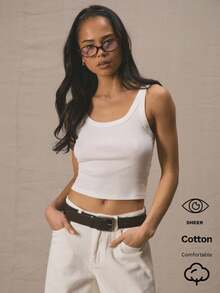 MUSERA Scoop Neck Fitted Cropped Top Cute Casual Basic 90's Tank  Vacation Everyday Casual Airport Holiday  Back To School  Winter Al Fresco   Winter Elegant Spring Summer - White - View 1