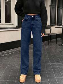 Quần jean ống đứng dáng rộng thoải mái 100% cotton dành cho nữ - Rửa tối - Xem 1