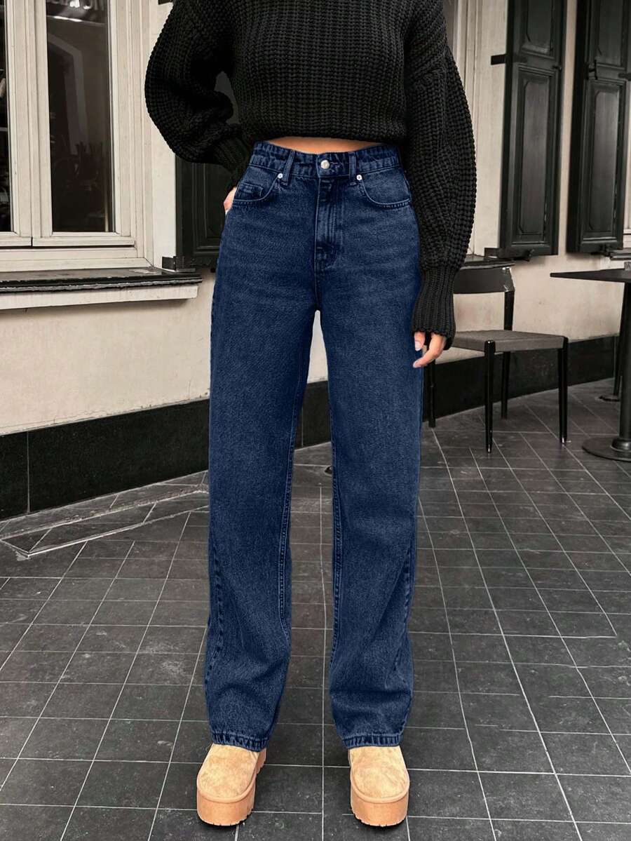 Quần jean ống đứng dáng rộng thoải mái 100% cotton dành cho nữ - Rửa tối - Xem 1