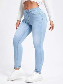 SHEIN CURVE+ Quần jeans skinny nữ cỡ lớn, có túi, kiểu dáng wash, đa năng cho mặc hàng ngày. - Rửa nhẹ - Xem 4