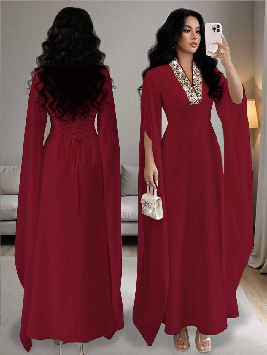 Rafferiza 女士纯色优雅端庄 V 领刺绣开叉长袖超长连衣裙，适合宴会、日常穿着，简约 - 紅色 - 查看 1