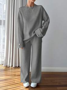 EURMUSE Women Button Detailed Sweater And Pant Set - Dark Grey - View 6