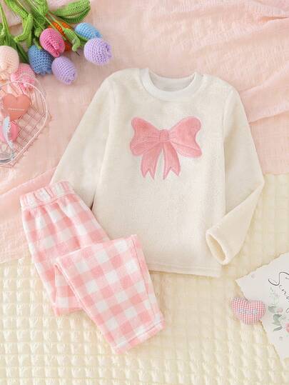 少女可爱粉色蝴蝶结刺绣蓬松白色长袖上衣和粉色格子厚裤保暖睡衣套装秋冬