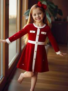 SHEIN Kleine Mädchen Kleid - eine Kombination aus retro, süß, modisch und elegant. Ein glänzendes paillettenverziertes Samtkleid mit kontrastierenden Farbflächen und langen Ärmeln, mit funkelnden herzförmigen Pailletten. Ein lässiges, simples und elegantes Kleid, geeignet für die Hochzeitssaison, damenhaft für Jungen, Herbst- und Winterstil, geeignet für Weihnachten, Partys, den Alltag, Geburtstagskleider, Prinzessinnenoutfits, Schwester-Schwester-Matching-Styles. - Rot - Übersicht 2