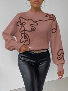 SHEIN LUNE Women's Casual Floral Pattern Dropped Shoulder Loose Knit Sweater, Autumn/Winter - Blush Crush - View 5