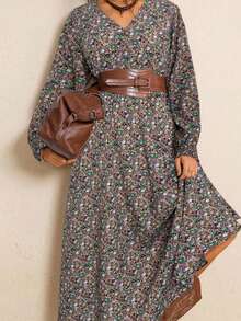 Freevana 大码秋季服装全印花褶皱豹纹长袖连衣裙/秋季连衣裙/秋季女装秋季婚礼宾客连衣裙优雅女士连衣裙商务休闲女士工作连衣裙商务连衣裙 - 綠色 - 查看 7