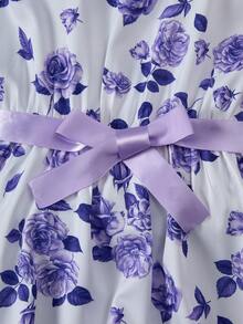 2 件套优雅少女开襟夹克和印花连衣裙套装，适合度假、夏季、旅行 - 淡紫色 - 查看 6