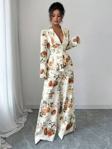 Elenzga 2 件套女式花卉印花西装领长袖开襟夹克和阔腿裤，松紧腰，时尚，百搭，优雅，春秋 - 棕色 - 查看 4