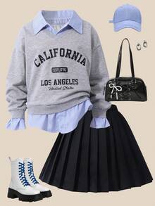 青少年女孩学院风马球领运动衫 + 百褶迷你裙两件套 - 灰色 - 查看 3