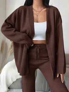 EURMUSE 2pcs Women Simple Front Button Long Sleeve Top And Pants Knit Sweater Set - Brown - View 3