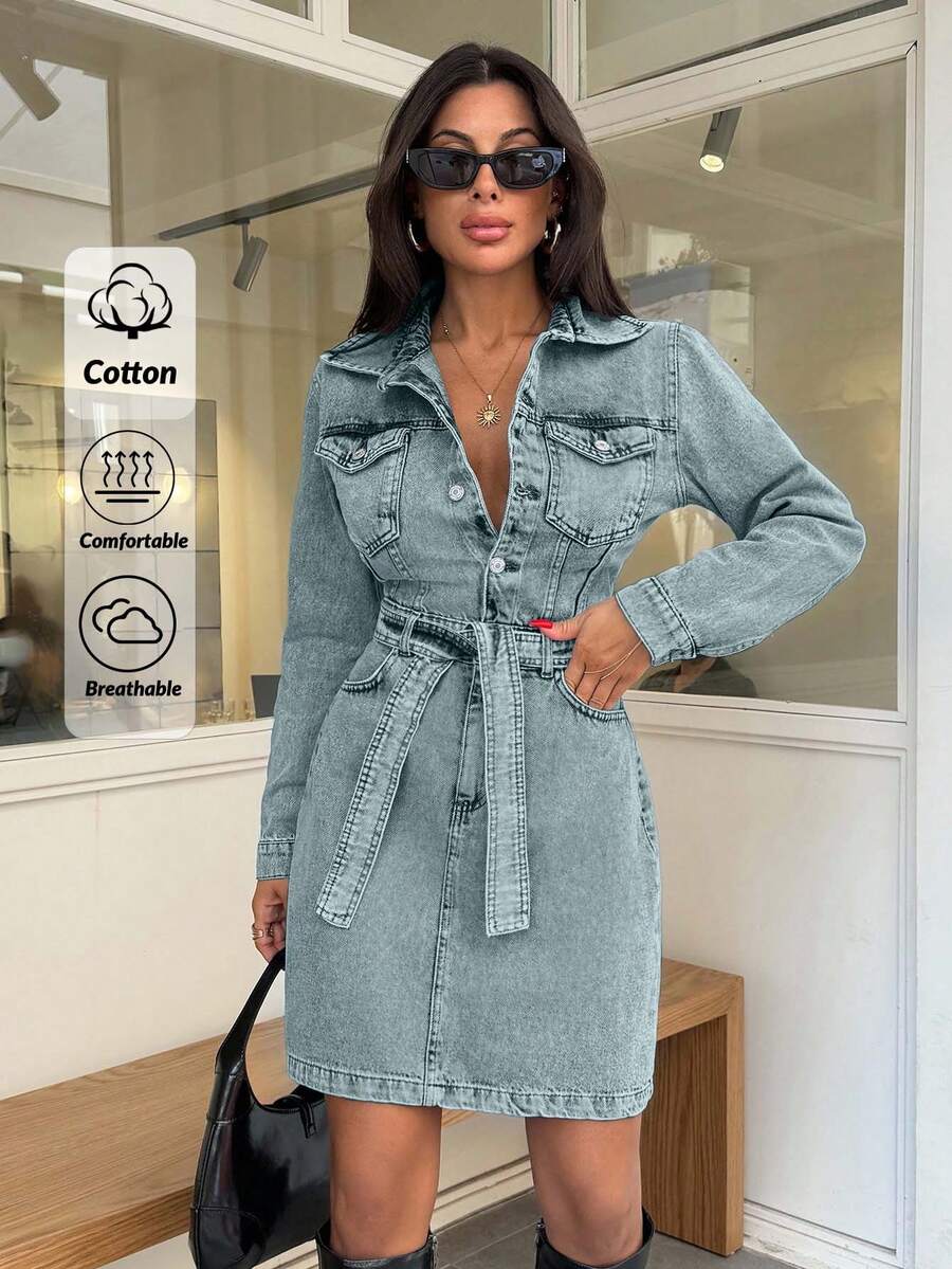 EURMUSE Mini Button And Belt Detailed Rigid Denim Dress - Light Wash - View 1