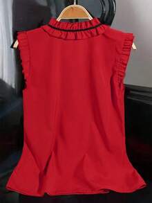 Franclia 无袖荷叶边休闲宽松衬衫，优雅女士红色夏季上衣 - 紅色 - 查看 2