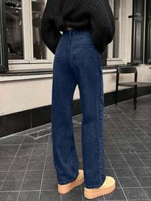 Quần jean ống đứng dáng rộng thoải mái 100% cotton dành cho nữ - Rửa tối - Xem 2