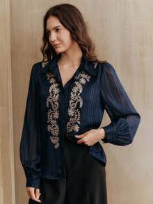 Anewsta 女士刺绣衬衫，优雅时尚，百搭上衣 - 藏蓝色 - 查看 3