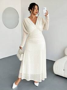 Firerie Plus Size Women Elegant Vacation Textured Fabric Ruched Long Sleeve V-Neck Elastic Waist Flared Dress Spring