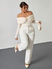 Firerie Plus Size Women Off Shoulder Ruched Fitted Metallic Decor Textured Fabric Long Sleeve Elastic T-Shirt, Elegant Casual For Spring - Apricot - View 7