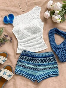 Soleia Plus Size Casual Vacation Western Beach Wedding Guest Attire Graduation Brunch Women's St. Patrick's Day Spring Break Easter Music Festival Elegant Boho Tropical Floral Halter Neck Camisole Top And Colorful Striped Shorts 2-Piece Set