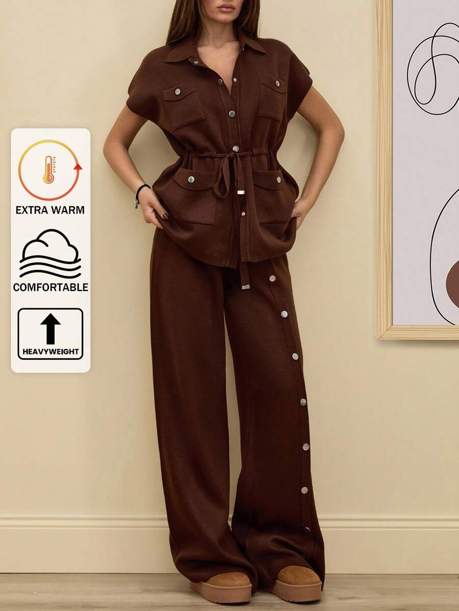 SHEIN Tall 2 Pcs Button Detail Sweater Pant+ Belted Sweater - Brown - View 1