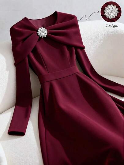 GlowEve Women's Knitted Long Sleeve Floral Rhinestone Decor Elegant Everyday Commute Fashion French Street Vintage Versatile Party Holiday Business Burgundy Long Sleeve Dress, Autumn/Winter