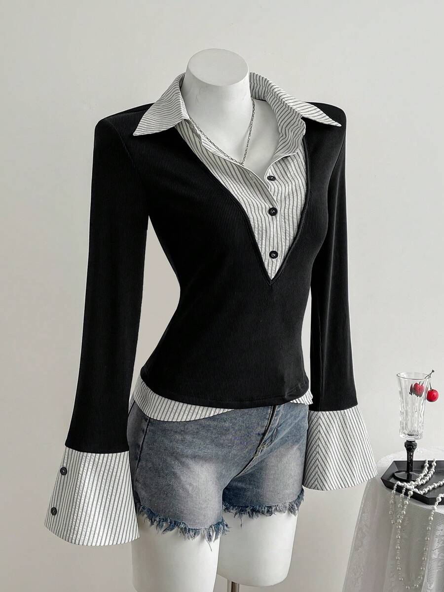 SHEIN Unity 1 件女式二合一 V 领长袖针织衬衫修身百搭衬衫,秋季 - 黑與白 - 查看 1