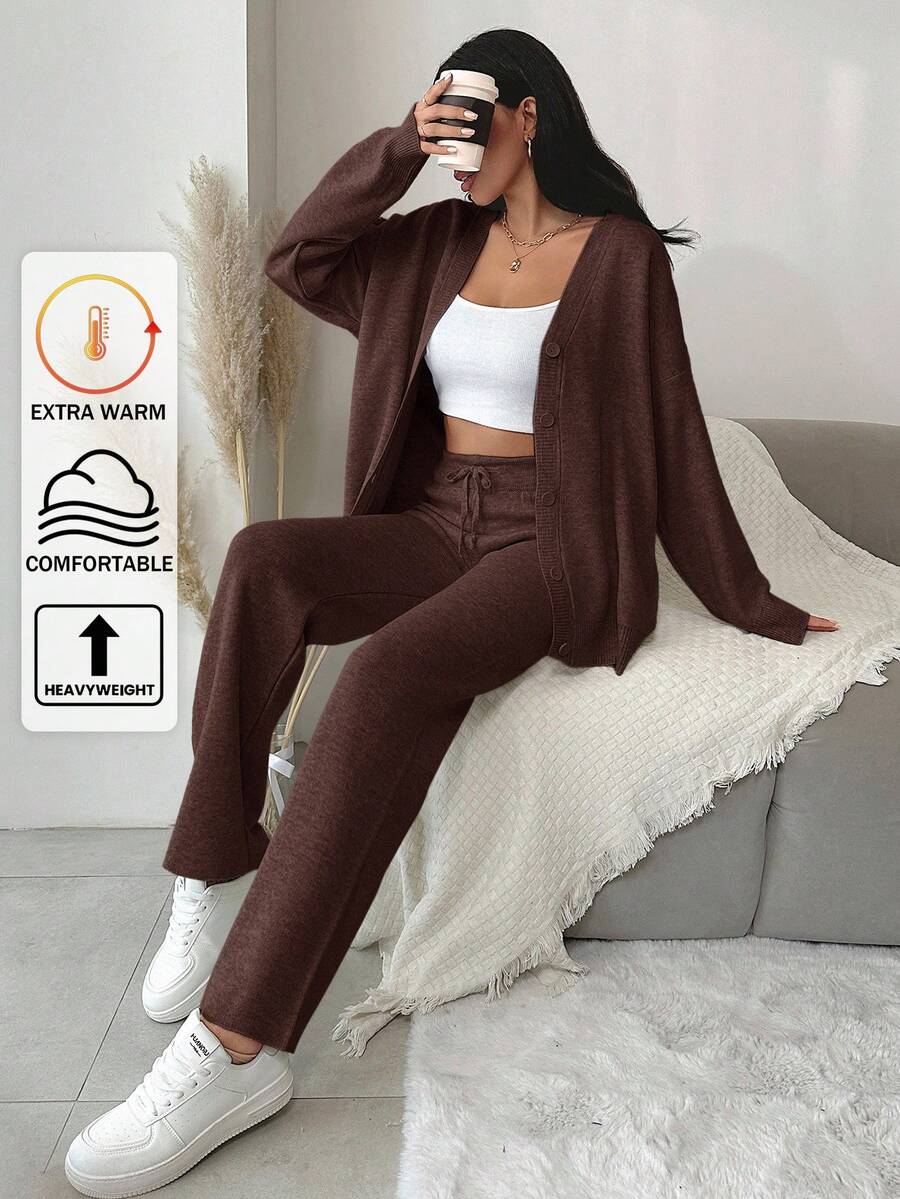 EURMUSE 2pcs Women Simple Front Button Long Sleeve Top And Pants Knit Sweater Set - Brown - View 1