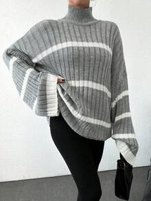 EURMUSE Women's Stand Collar Striped Drop Shoulder Sweater - Grey - View 6