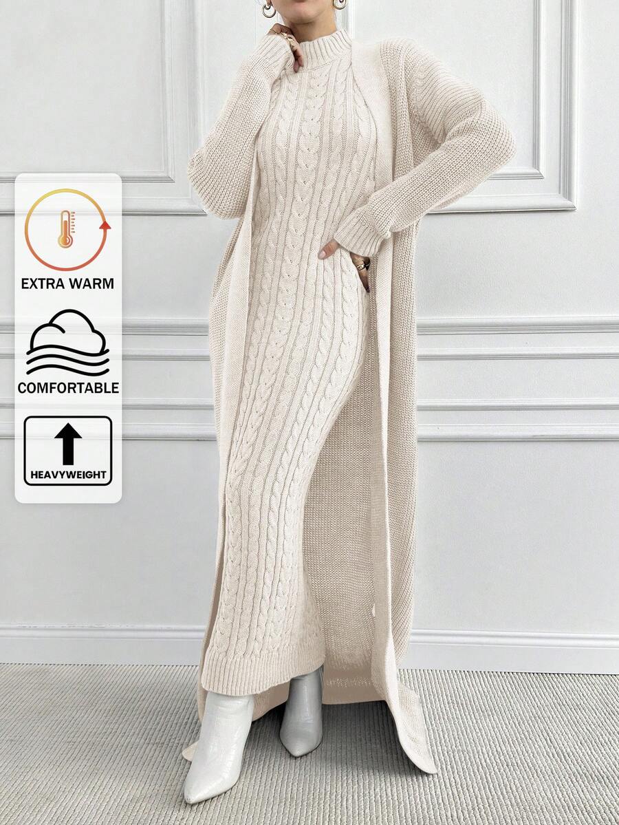 EURMUSE Women 2pcs Set Consisting Of Solid Color Long Sleeve Cardigan And Sleeveless Stand Collar Maxi Sweater Dress, Elegant For Autumn/Winter - White - View 1