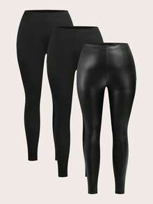 Slaydiva 3pcs/Set Plus Size Casual Leggings In Black, Brown, Dark Grey, Suitable For Autumn, Winter, Spring - Black - View 1