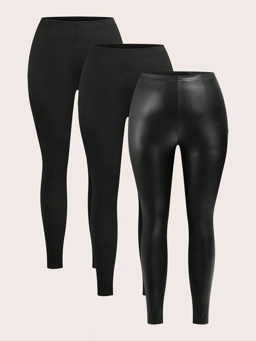 Slaydiva 3pcs/Set Plus Size Casual Leggings In Black, Brown, Dark Grey, Suitable For Autumn, Winter, Spring - Black - View 1