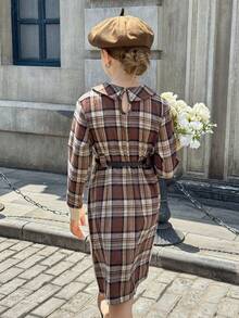 Tween Girls Casual Plaid Patchwork Dress, Autumn - Multicolor - View 2