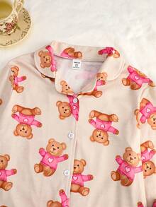 2pcs Girls Casual Khaki Cartoon Bear Print Long Sleeve Top And Pants Comfortable Loungewear Set, Spring/Autumn Fall Winter - Apricot - View 6