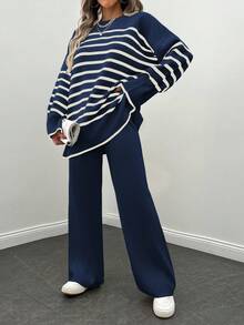 EURMUSE 2pcs Women Casual Striped Round Neck Dropped Shoulder Long Sleeve Sweater & Knit Pants Set, Autumn/Winter - Navy Blue - View 3
