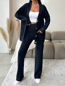 EURMUSE 2pcs Women's Solid-Color Dropped Shoulder Loose Cardigan And Knitted Pants Set, Autumn-Winter - Navy Blue - View 3