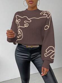 SHEIN LUNE Women's Contrast Color Pattern Turtleneck Long Sleeve Sweater - Coffee Brown - View 4