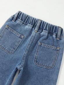 SHEIN Playful Pals Baby Girl Straight Leg Jeans, New Arrival For Autumn/Winter, Blue Denim Single Item, Cute Outdoor Casual Simple Design, Comfortable Home Wear, Colorful Floral Embroidery, Elastic Waist, Loose Fit, Daily, Vacation, Travel, Wardrobe Essential, Party, Fall Season New Release (Top Not Included) - Medium Wash - View 6