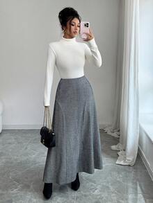 Elenzga Chân váy chữ A họa tiết xương cá thanh lịch kiểu Pháp cổ điển thu đông, phù hợp cho nữ công sở và mặc thường ngày. - Xám - Xem 7