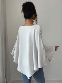 Elenzga Women's New Autumn/Winter Fashion Elegant One-Shoulder Round Neck Elastic Tweed Faux Fur Shawl Collar Asymmetrical Hem Batwing Loose Casual Cloak Poncho Coat - Multicolor - View 4