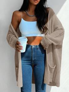 EURMUSE Cárdigan de plumero con doble bolsillos de manga murciélago tejido de canalé - Marrón Mocha - Ver 5