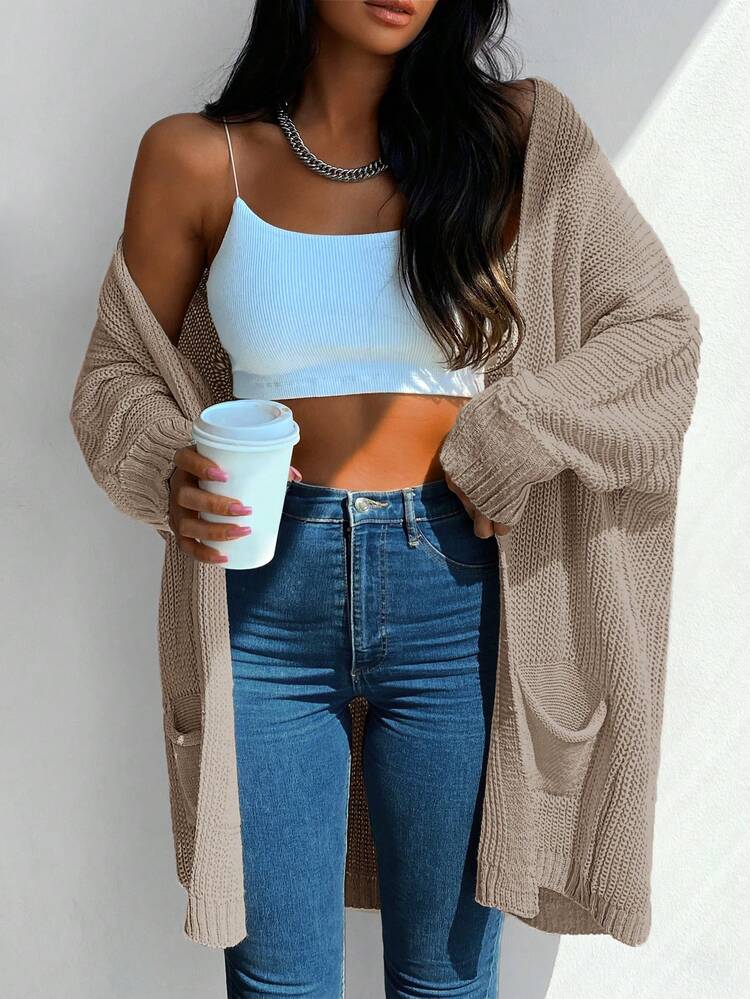 EURMUSE Dual Pockets Batwing Sleeve Ribbed Knit Duster Cardigan - Mocha Brown - View 5