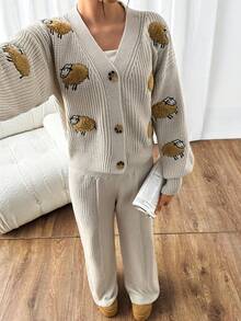 EURMUSE Ensemble femme composé d'un gilet à gros boutons avec motif mouton 3D et d'un pantalon en maille - Beige - Voir 5