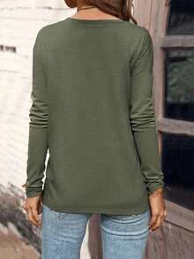 EMERY ROSE 女式条纹纽扣半襟长袖休闲T恤 - 彩色 - 查看 2